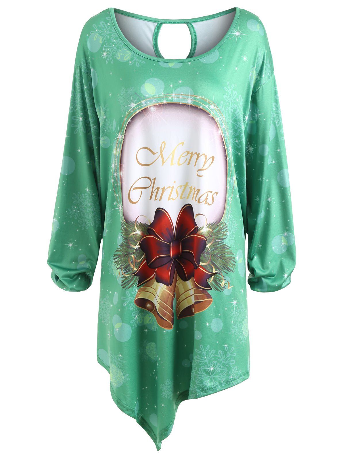 

Bell Merry Christmas Print Asymmetrical Plus Size T-shirt, Green
