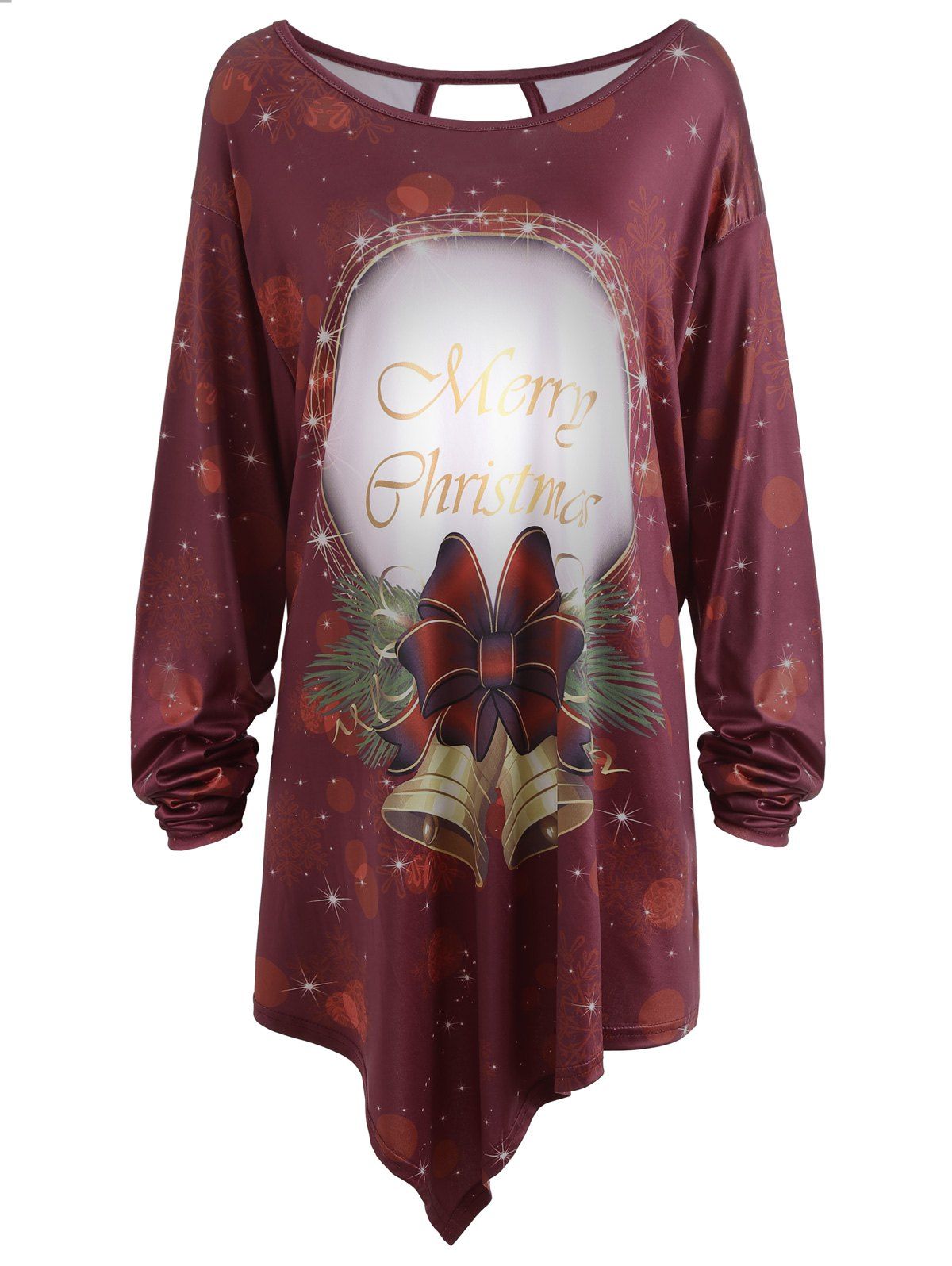 

Bell Merry Christmas Print Asymmetrical Plus Size T-shirt, Wine red