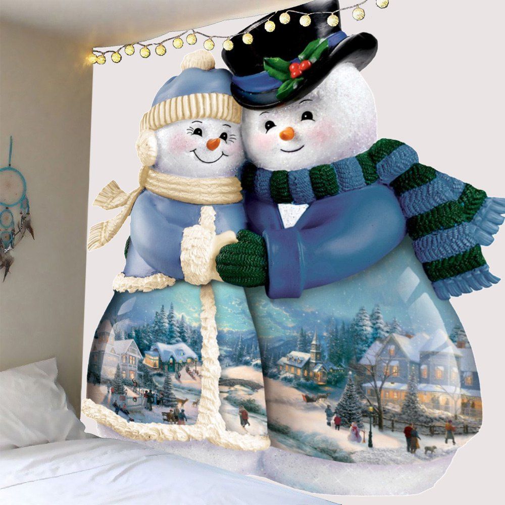 

Hugged Snowmen Couple Printed Wall Art Tapestry, Blue and white