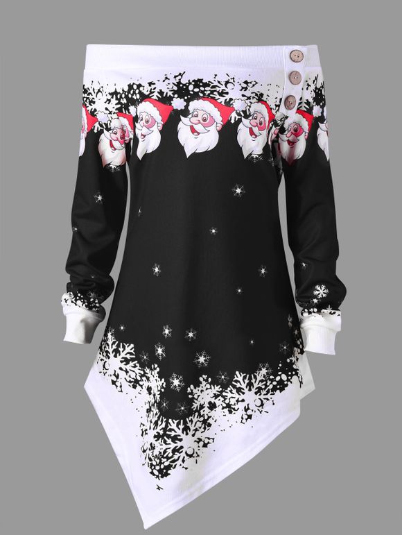 Sweatshirt Asymétrique à Épaules Dénudées Imprimé de Noël Grande Taille - Noir 5XL