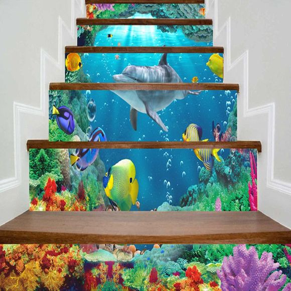 Autocollants d'Escaliers Imprimé Animaux du Monde Marin - multicolore 100*18CM*6PCS
