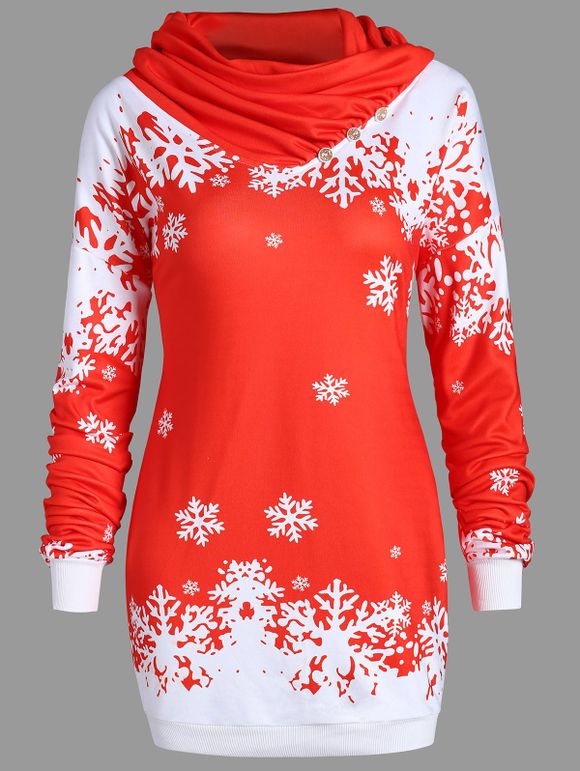 Sweatshirt à Capuche Long à Col Bénitier Motif Flocons de Neige de Noël - Rouge XL