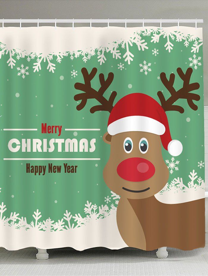 

Christmas Elk Snowflakes Pattern Shower Curtain, Green and white