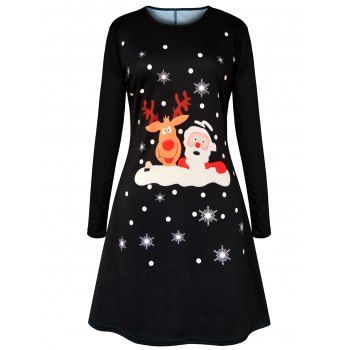 

Christmas Cartoon Santa Claus Elk Print Dress, Black