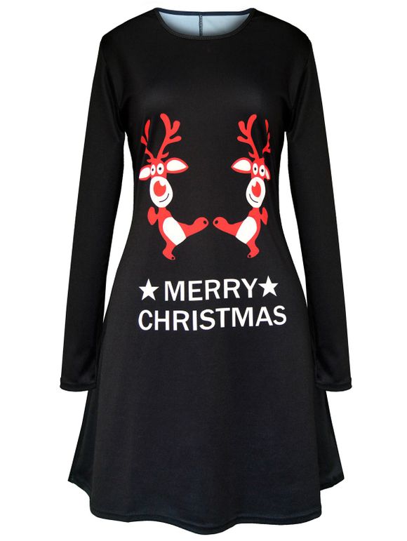 Robe Swing Imprimé Elk Joyeux Noël - Noir S