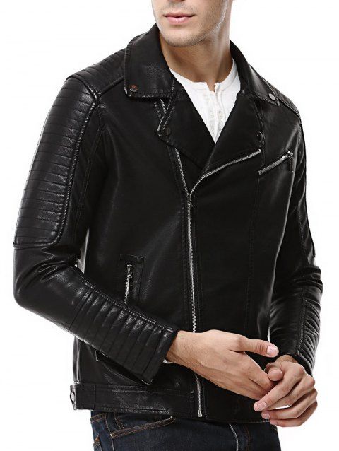 [65% OFF] 2019 Turndown Collar Asymmetrical Zip Up Faux Leather Jacket ...