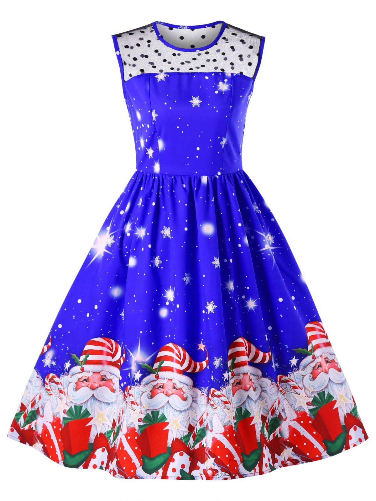 Christmas Snowflake Santa Claus Print Polka Dots Mesh Insert Midi Dress - ROYAL 2XL