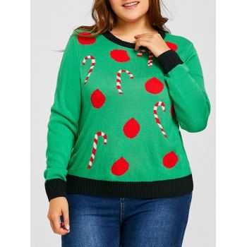 

Plus Size Christmas Polka Dot Sticks Jacquard Sweater, Green