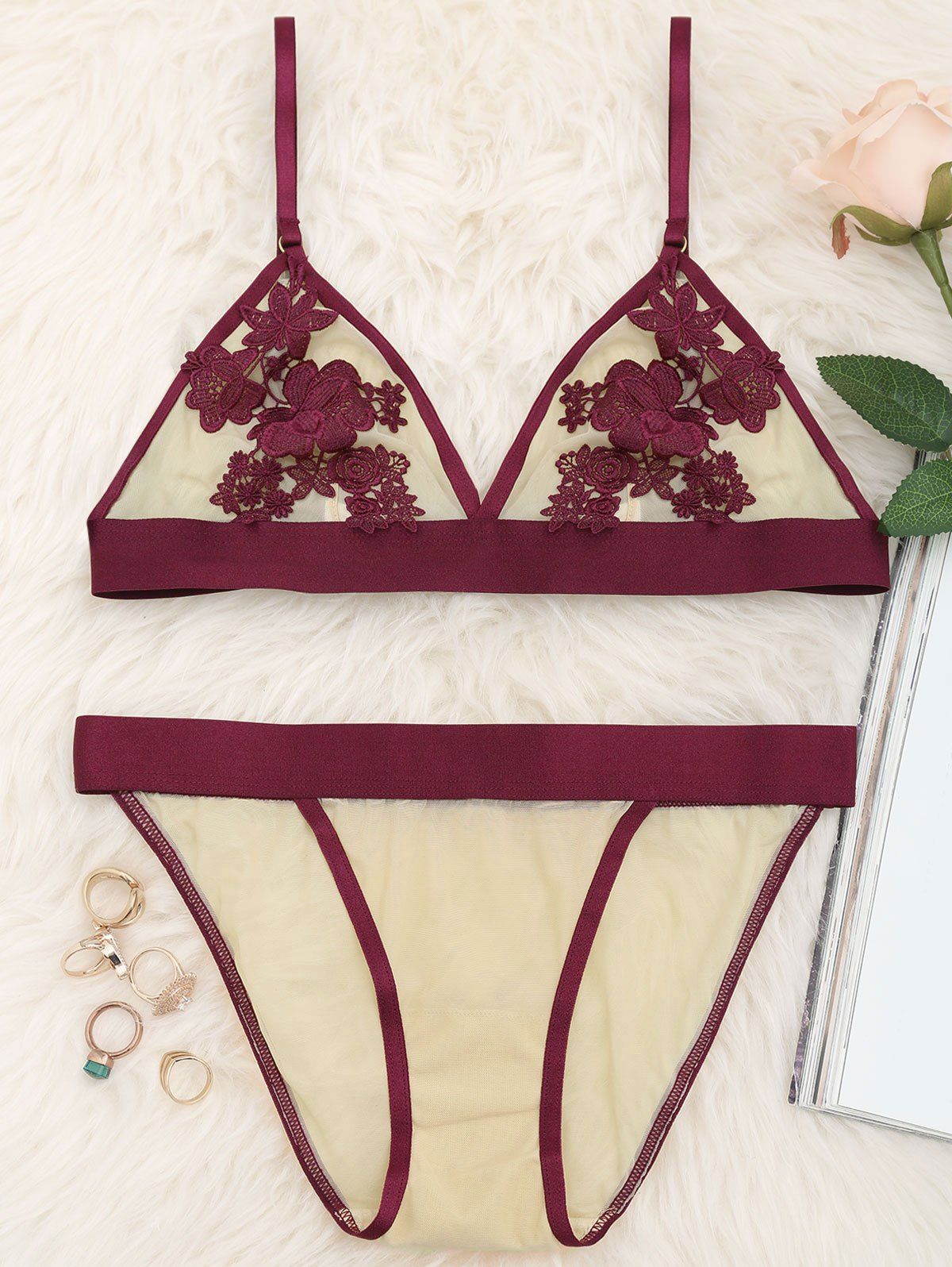 

Mesh Sheer Appliques Bralette Set, Wine red