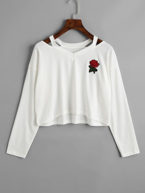Sweatshirt avec Épaules Dénudées et Rose Brodée - Blanc M