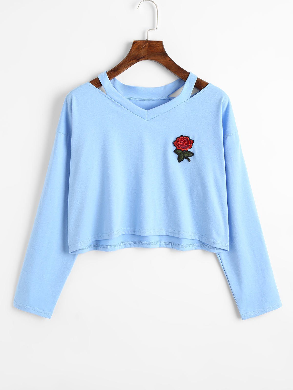 

Rose Embroidered Patches Cold Shoulder Sweatshirt, Light blue