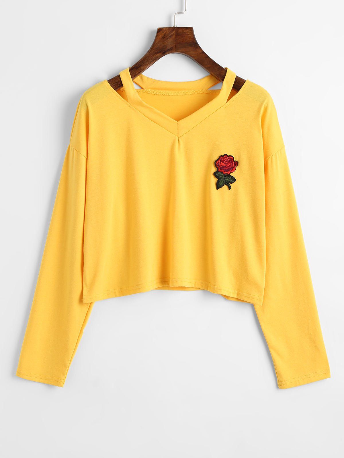 

Rose Embroidered Patches Cold Shoulder Sweatshirt, Yellow