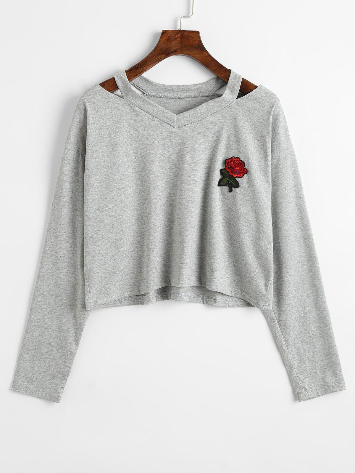 

Rose Embroidered Patches Cold Shoulder Sweatshirt, Gray