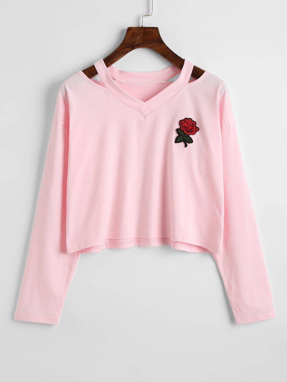 

Rose Embroidered Patches Cold Shoulder Sweatshirt, Pink