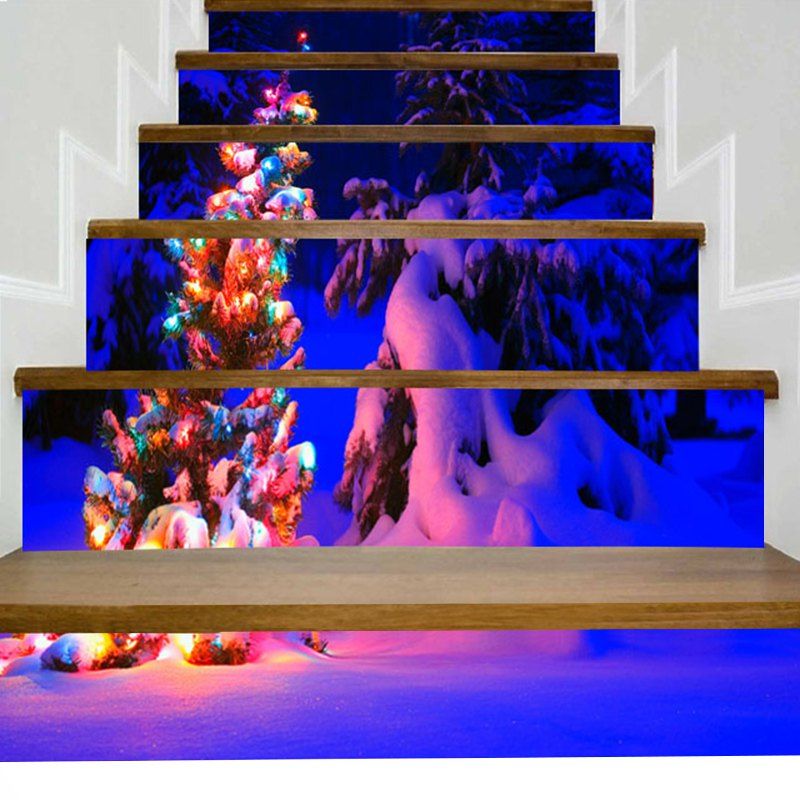 

Christmas Tree Snow Night Pattern Decorative Stair Stickers, Blue