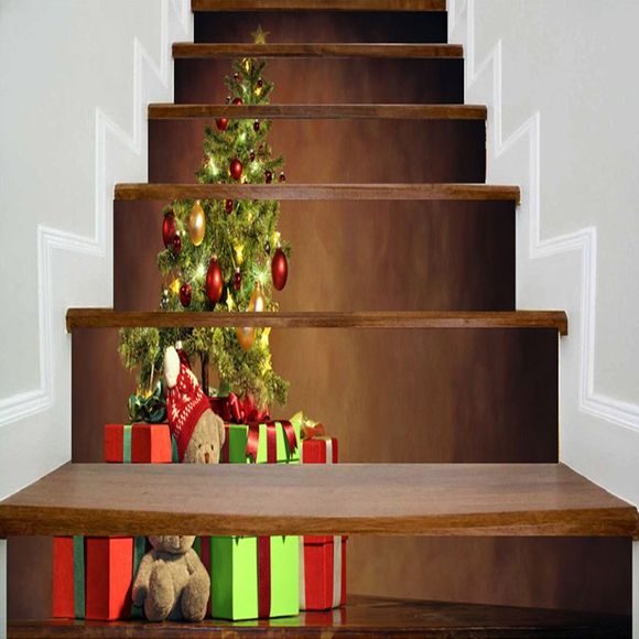 Autocollants d'Escaliers Décoratifs à Imprimé Cadeaux et Sapin de Noël - Brun 100*18CM*6PCS