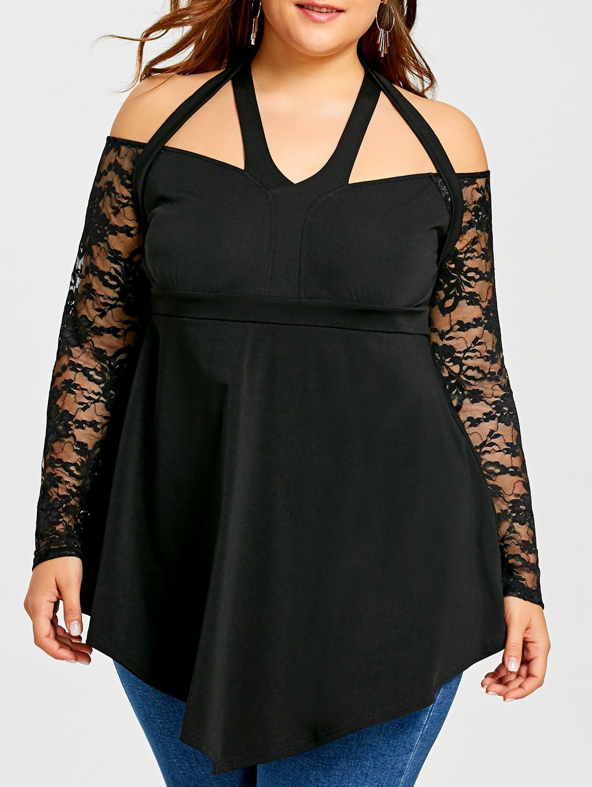 

Plus Size Lace Sleeve Cold Shoulder Blouse, Black