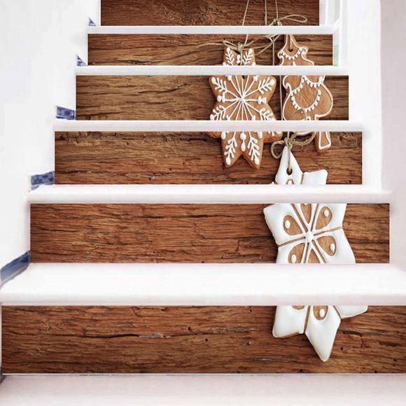 Autocollants d'Escaliers Motif Sapin de Noël et Flocons de Neige sur Planches en Bois - Couleur de Bois 100*18CM*6PCS