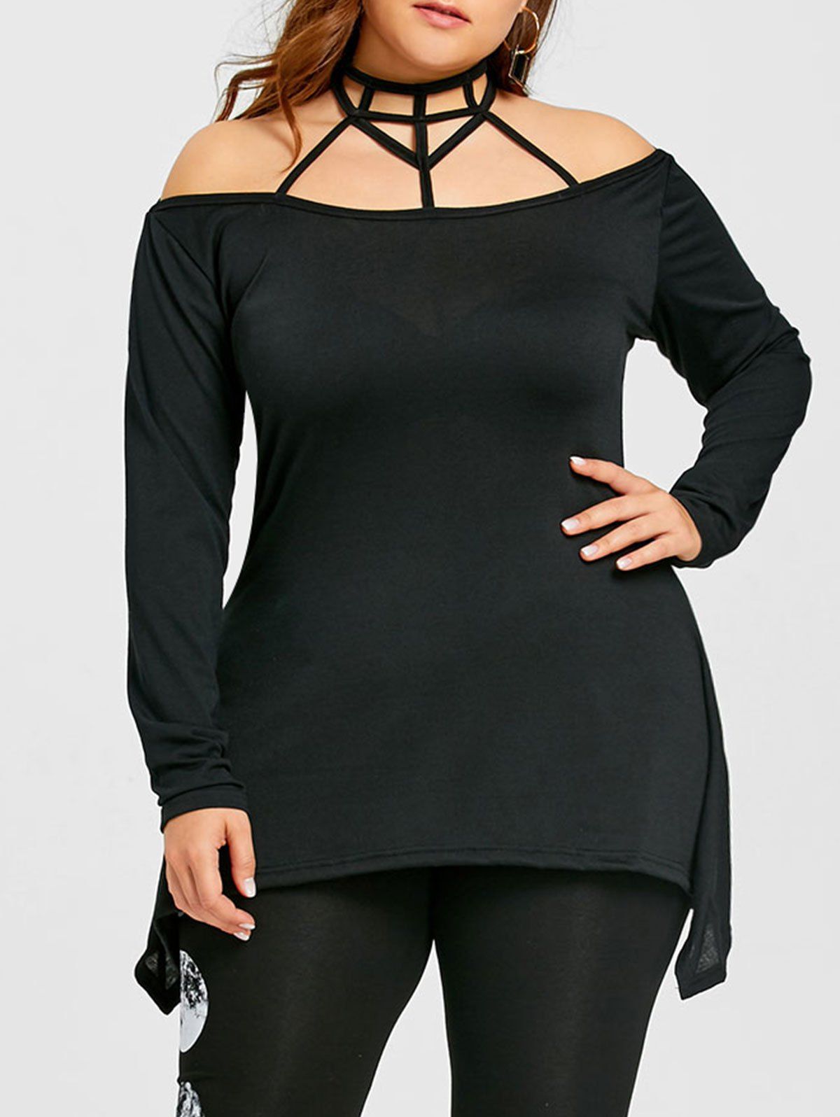 

Plus Size Cutout Strappy Mock Neck Blouse, Black