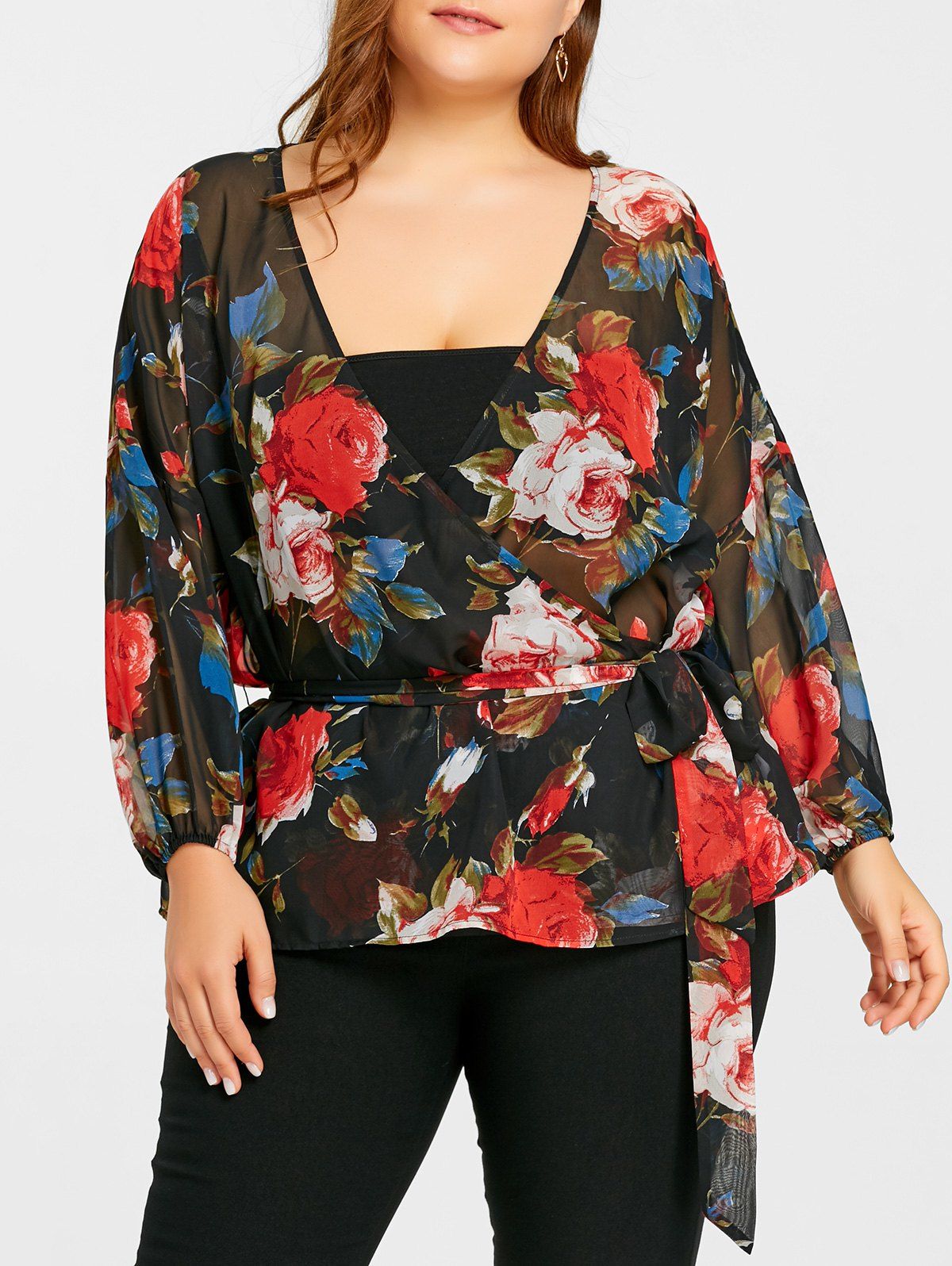 

Plus Size See Thru Floral Wrap Blouse, Black