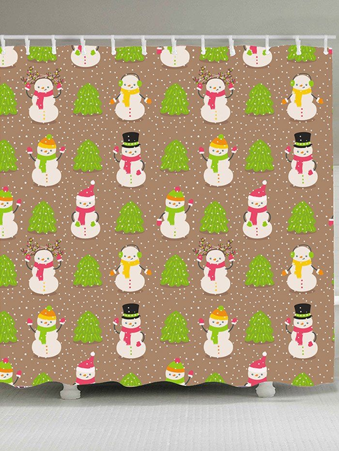 

Christmas Trees And Snowmen Printed Shower Curtain, White and green