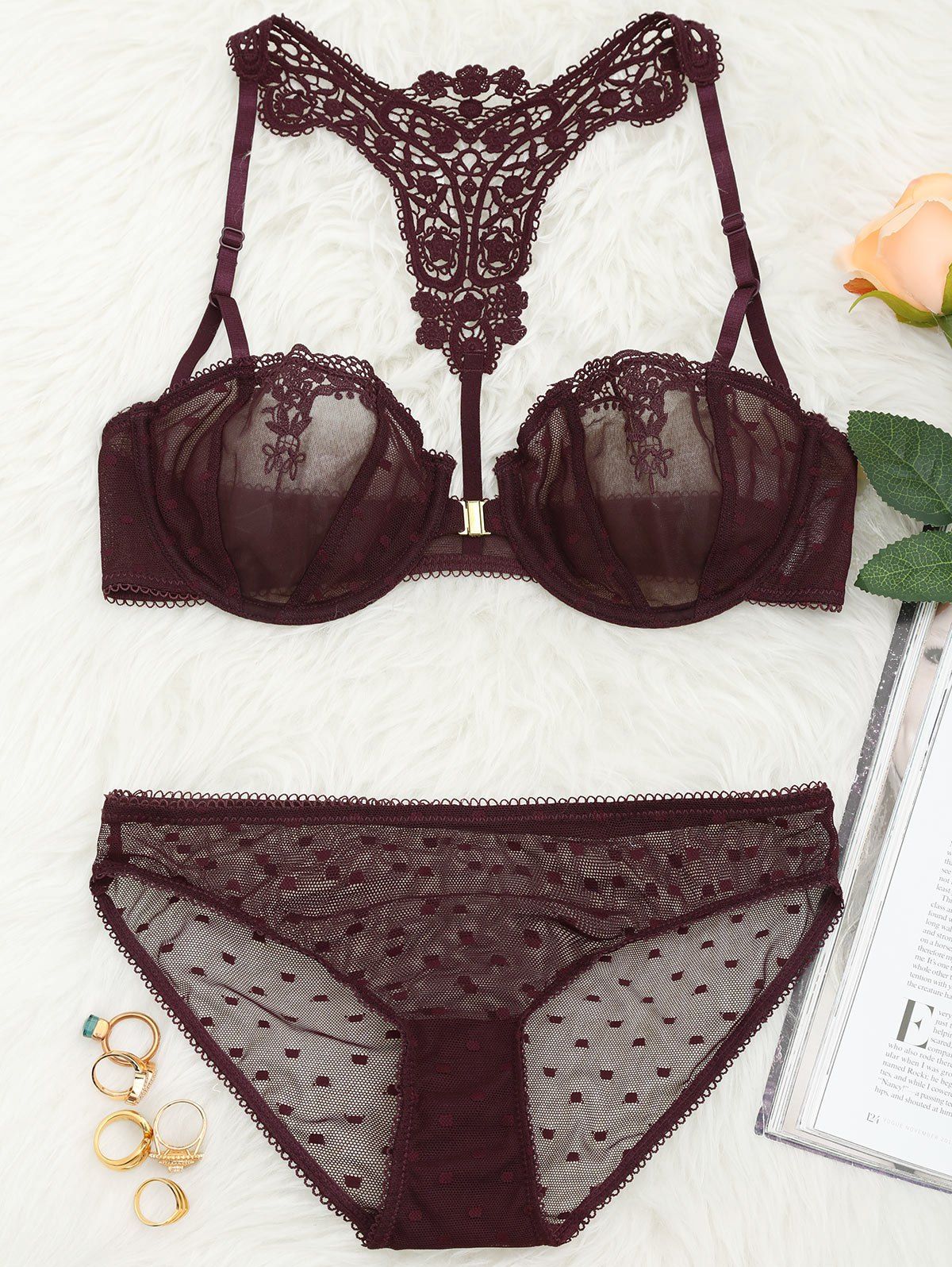 

Mesh See Thru Crochet Bra Set, Wine red