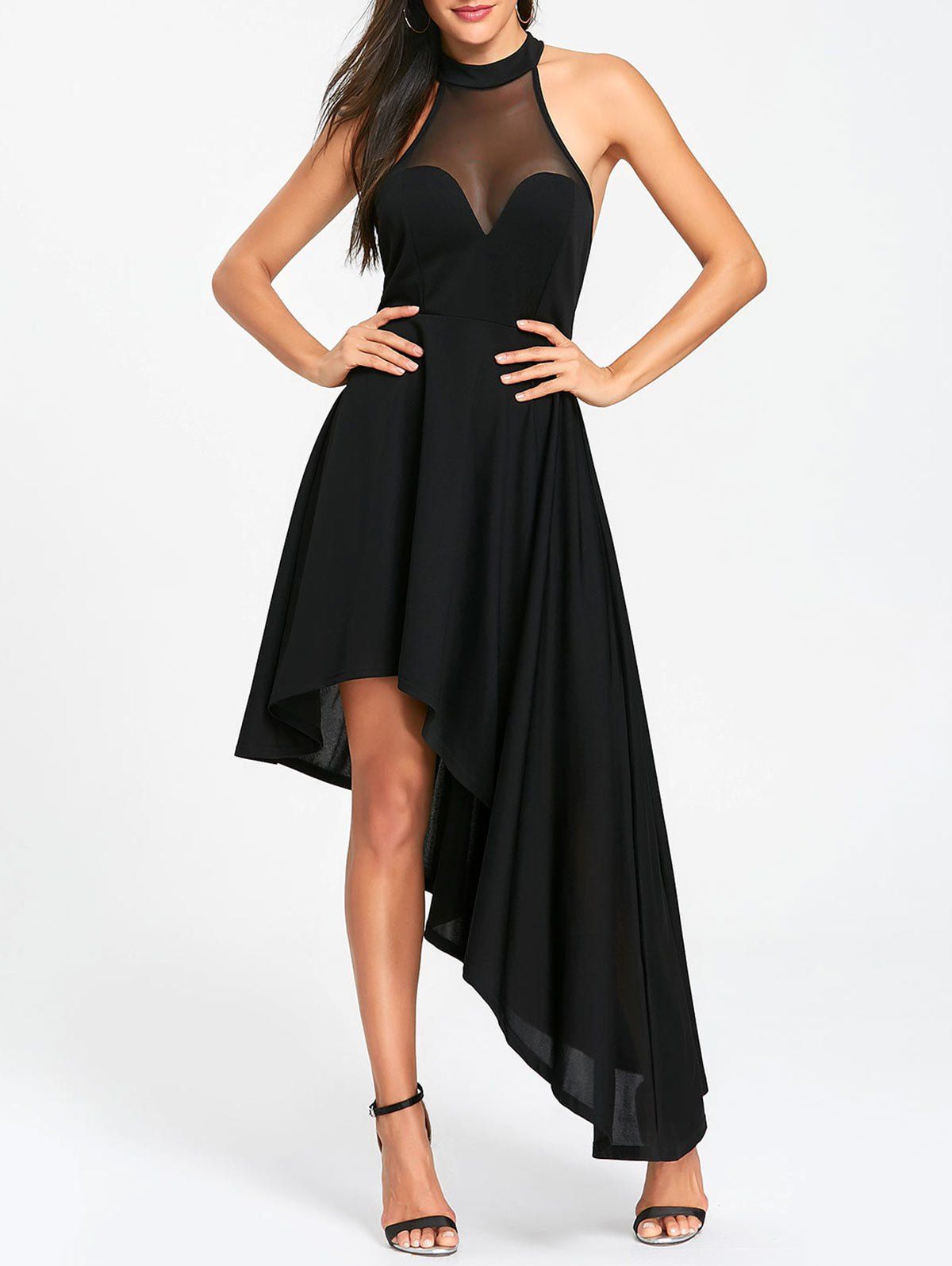 

Mesh Panel Open Shoulder Asymmetric Dress, Black