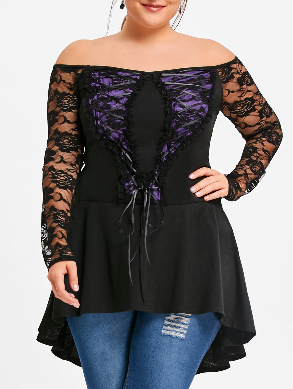 

Plus Size Dip Hem Lace Up Top, Black