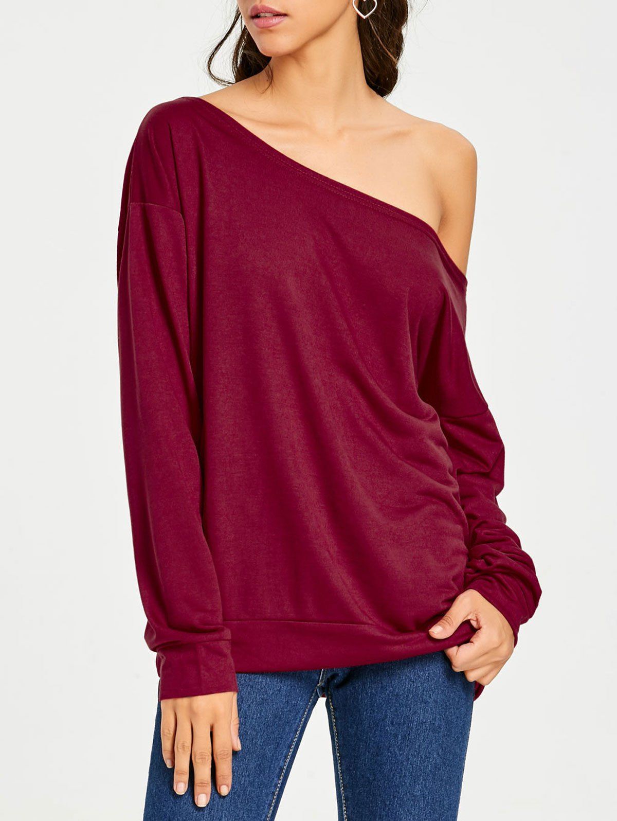 

Casual Skew Neck Sweatshirt, Red