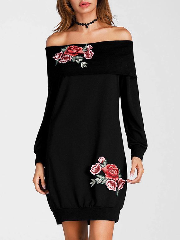 Robe Sweat-shirt Courte Brodée Florale à épaules Dénudées - Noir XL
