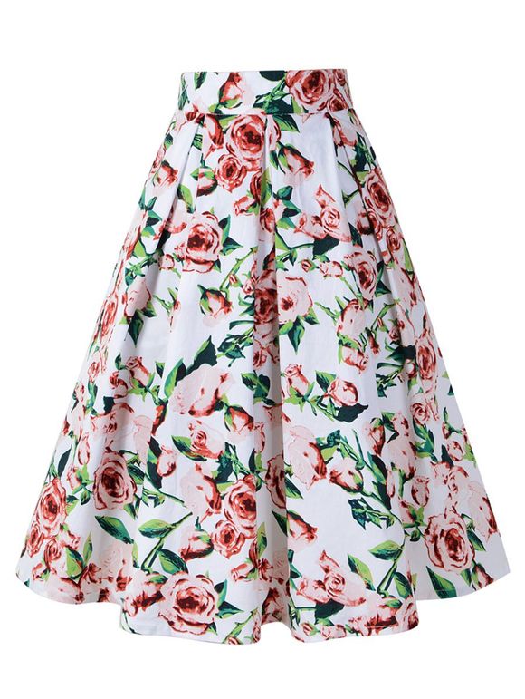 A-ligne plissée fleur Imprimer Vintage jupe - Blanc XL