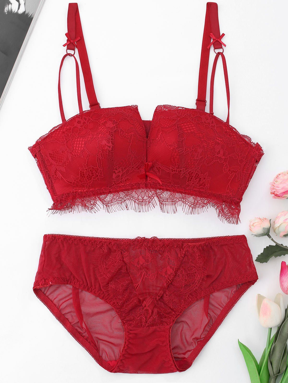 

Push Up Lace Bra and Panties Twinset, Purplish red c5