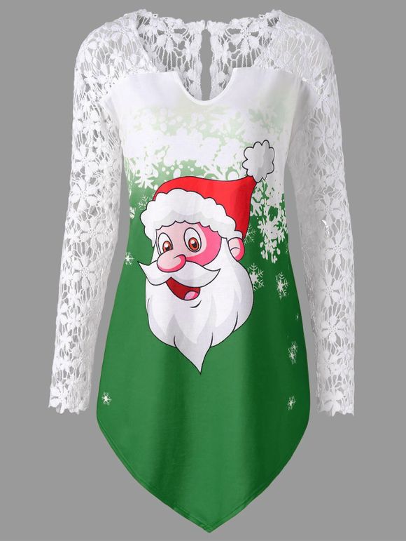 T-Shirt Imprimé Père Noël avec Empiècement en Dentelle Grande Taille - Vert XL