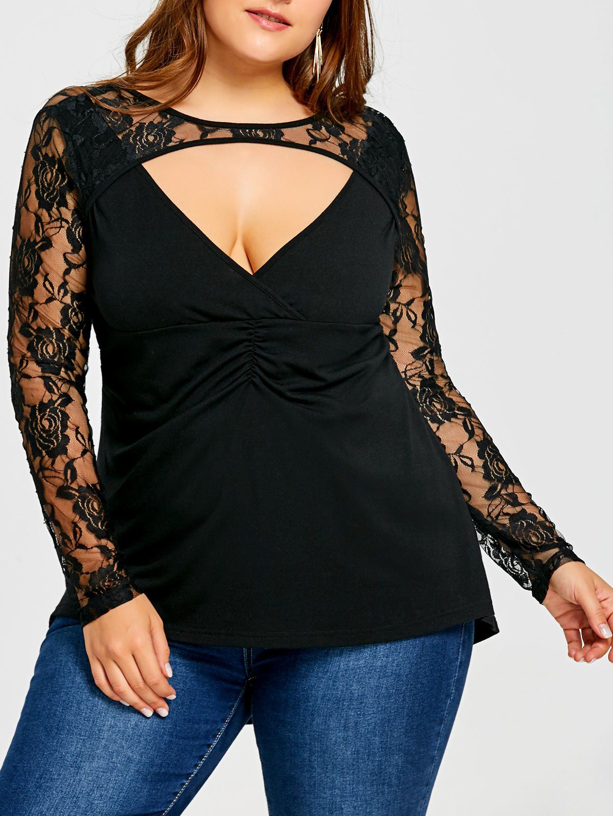 

Plus Size Cut Out Lace Panel High Low Top, Black