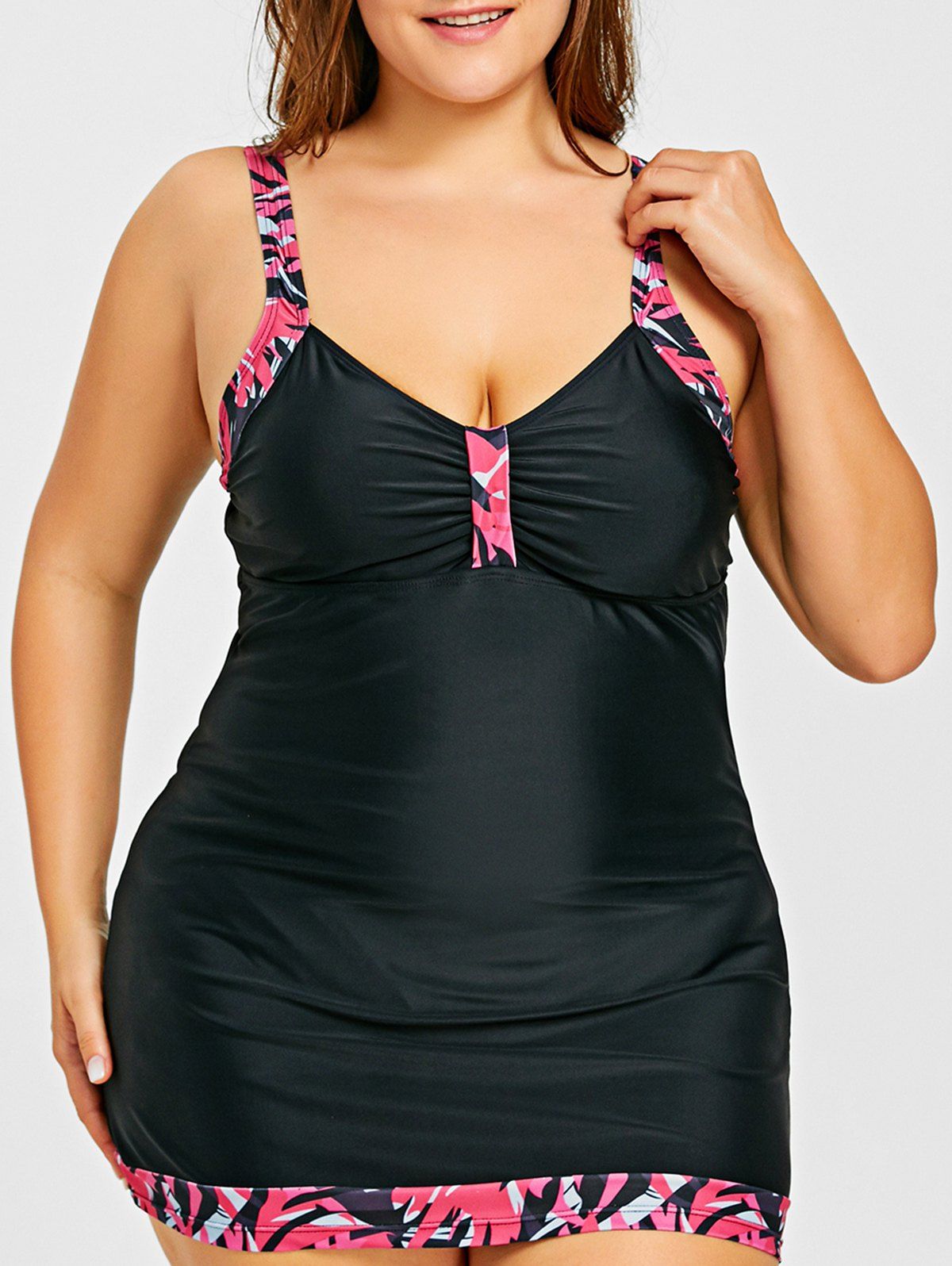 

Bowknot Plus Size Blouson Tankini Set, Black and rose red