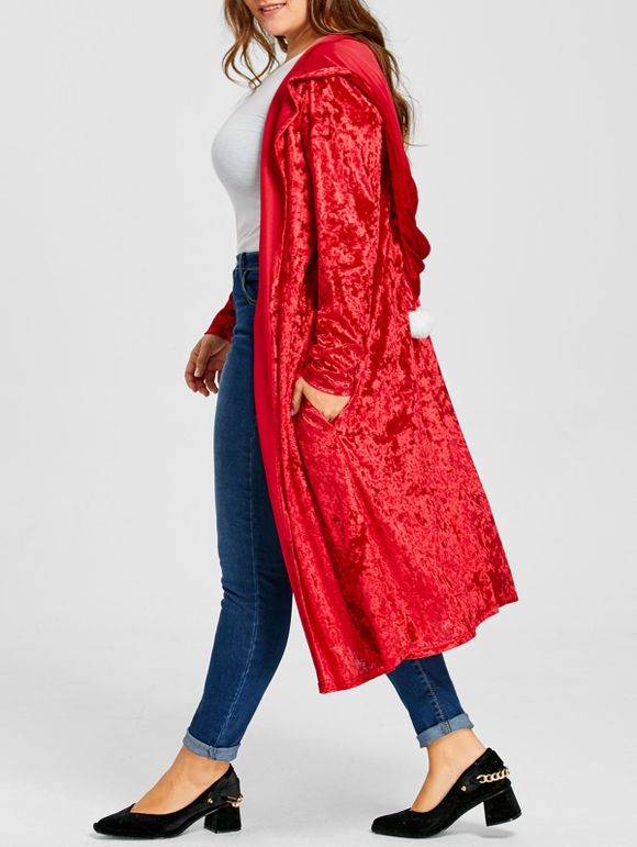Manteau Long à Capuche avec Pompon en Velours Grande Taille - Rouge XL