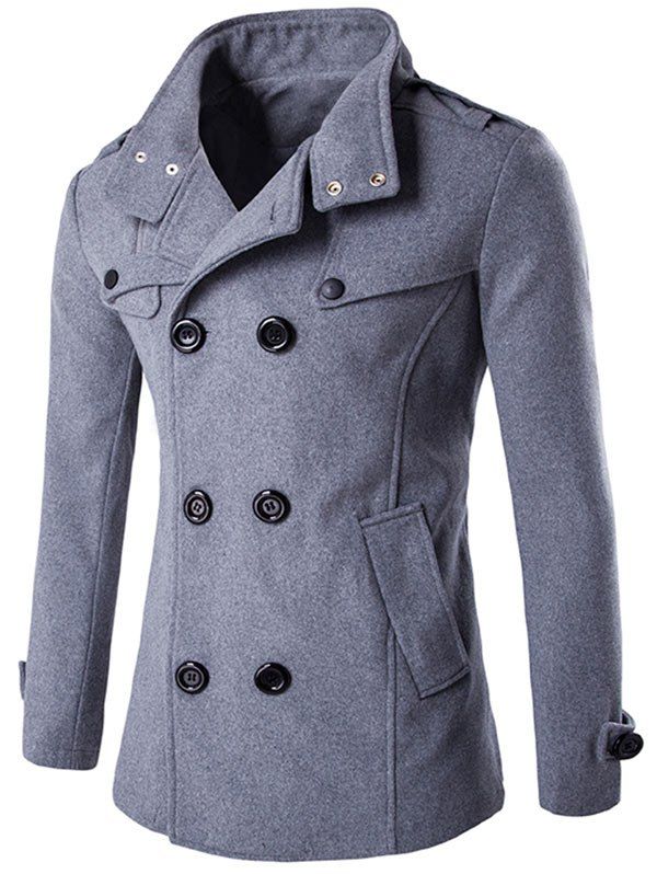 

Funnel Collar Double Breasted Epaulet Pea Coat, Gray