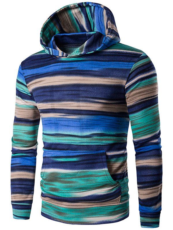 

Irregular Stripe Kangaroo Pocket Hoodie, Blue