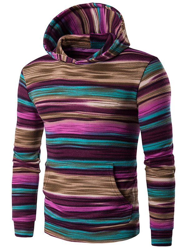 

Irregular Stripe Kangaroo Pocket Hoodie, Purple