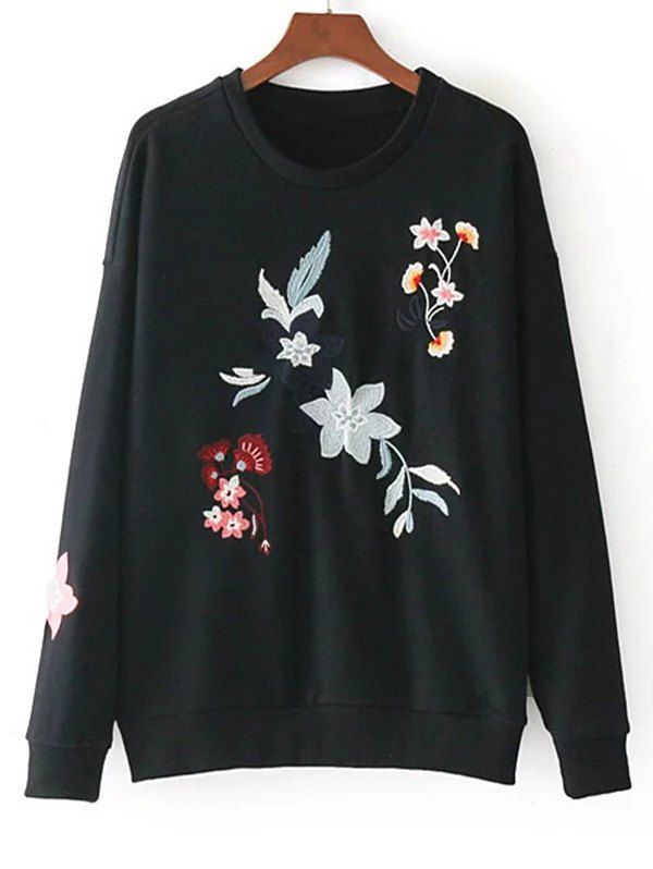 

Floral Embroidered Drop Shoulder Loose Sweatshirt, Black