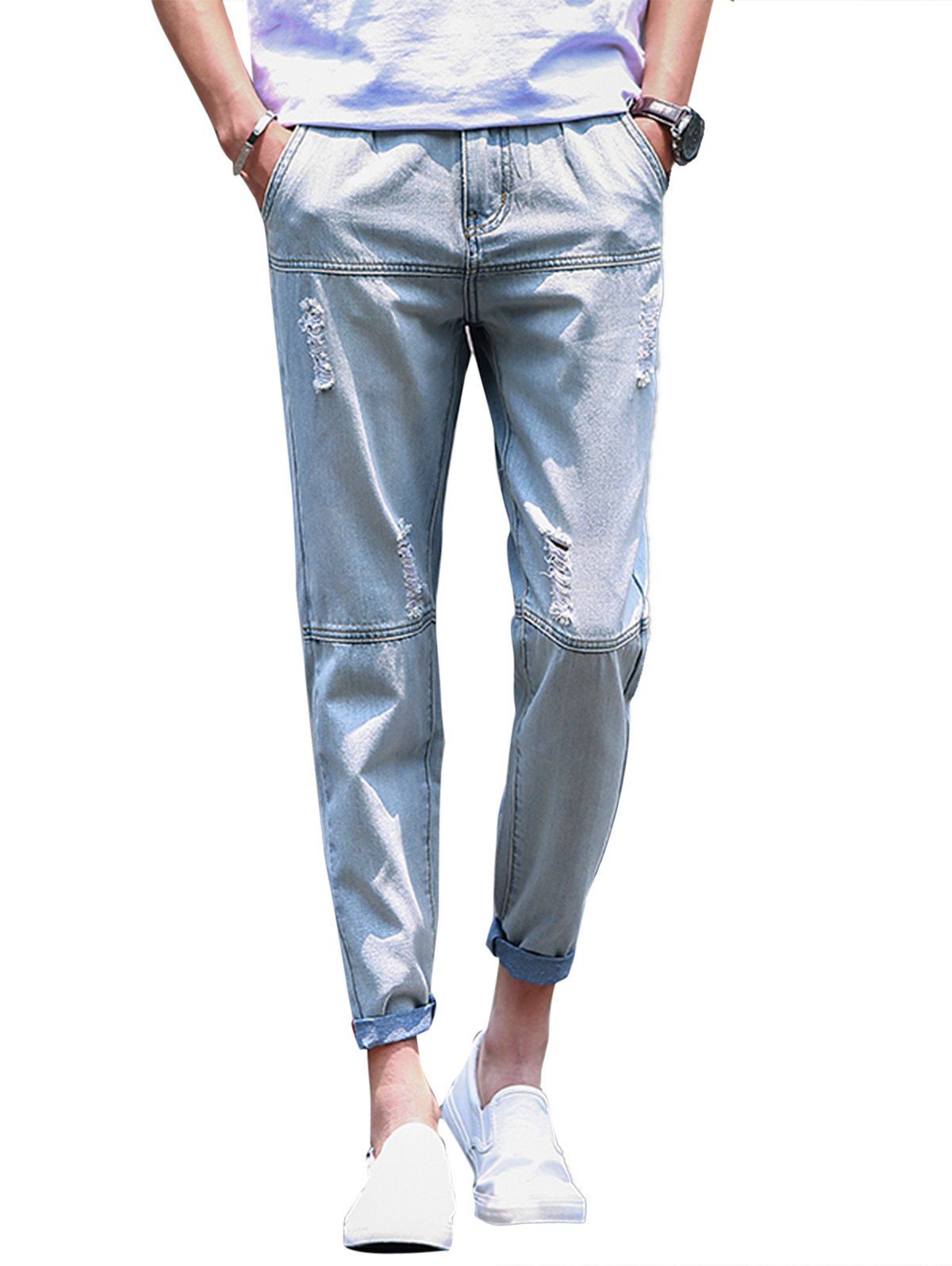 

Panel Straight Leg Bleached Ripped Jeans, Light blue
