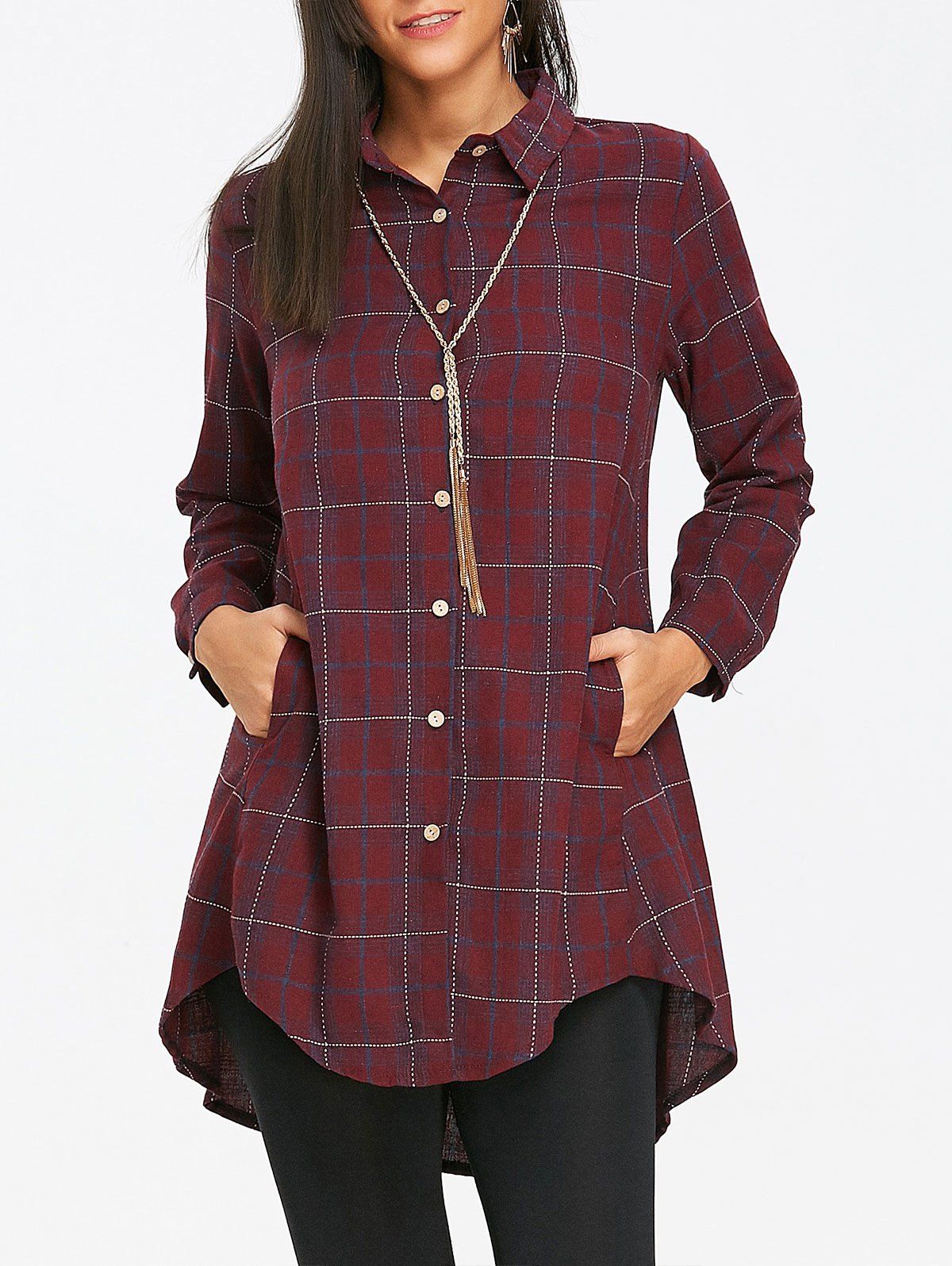 

High Low Plaid Tunic Shirt, Red