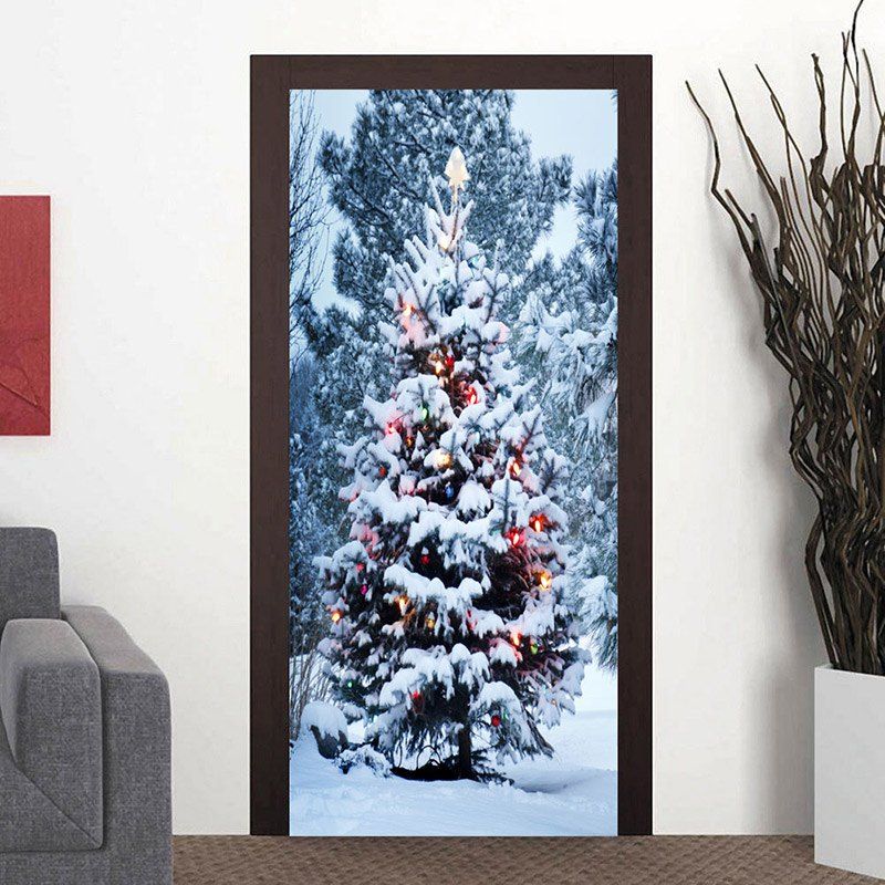 

Full Snow Christmas Tree Door Art Stickers, White