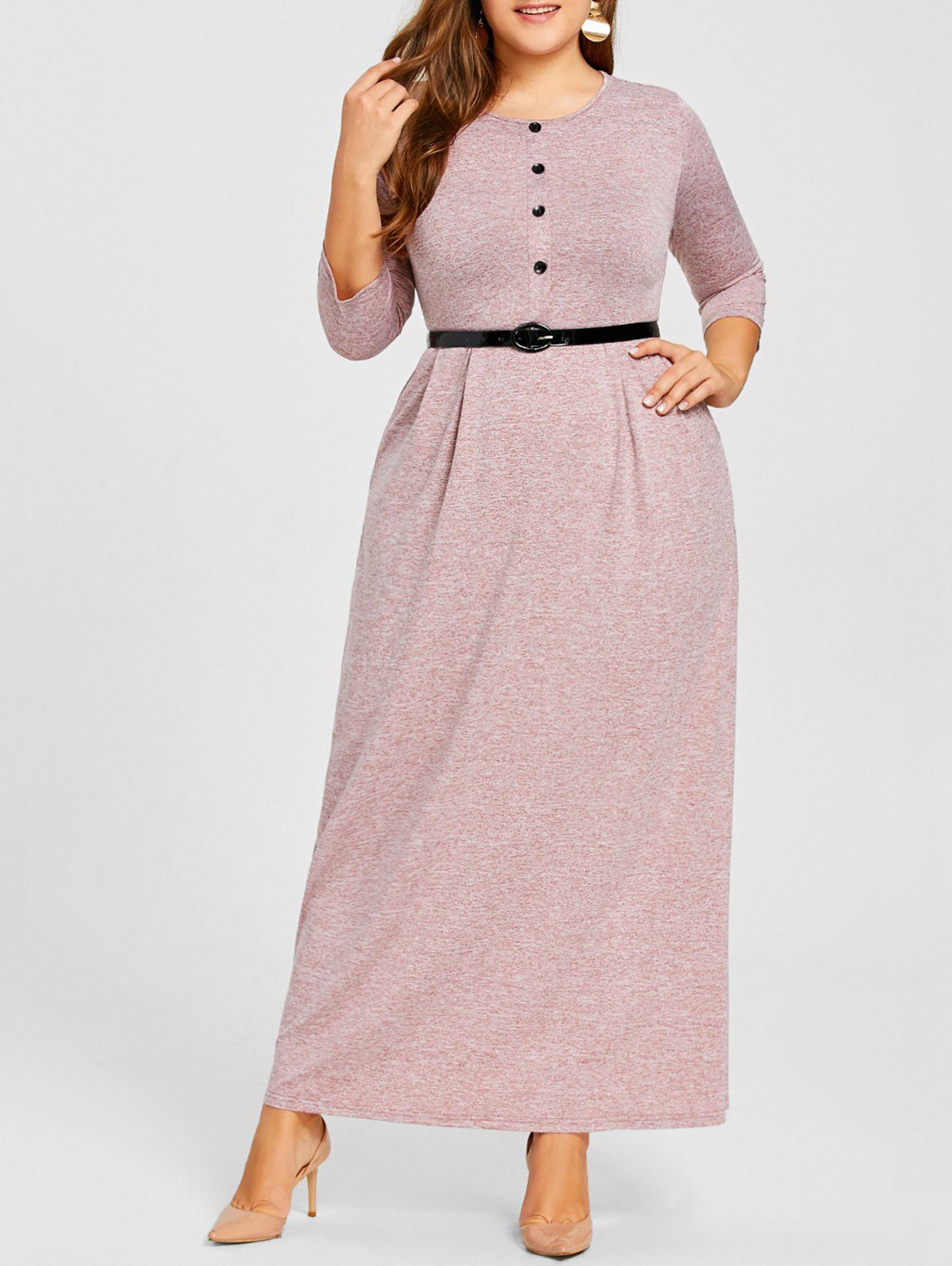 

Button Embellished Belted Plus Size Dress, Pink