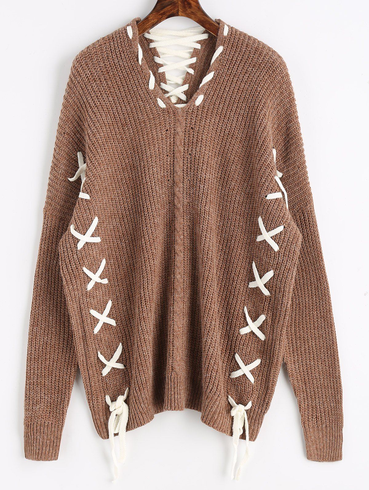 

Contrasting Lace Up Oversized Sweater, Dark khaki