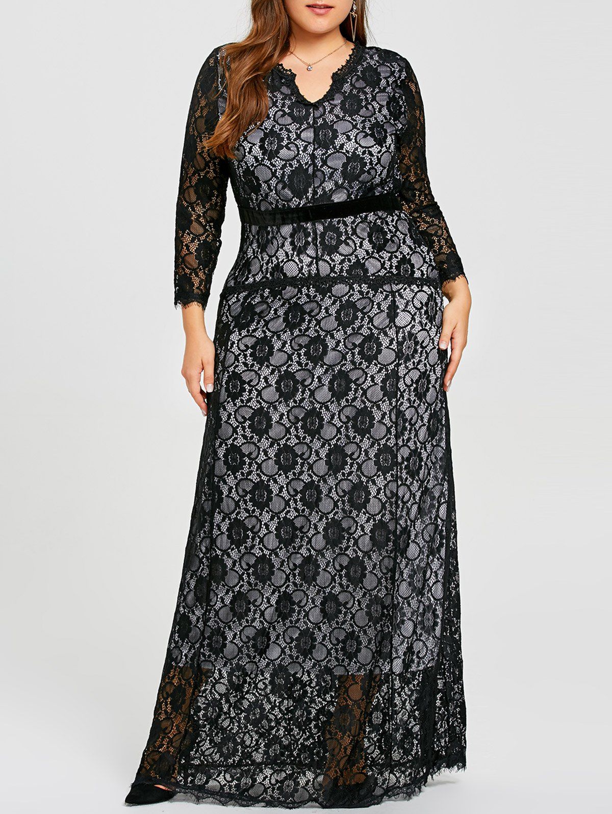 Robe de Soirée Longue en Dentelle Grande Taille , Noir 6XL
