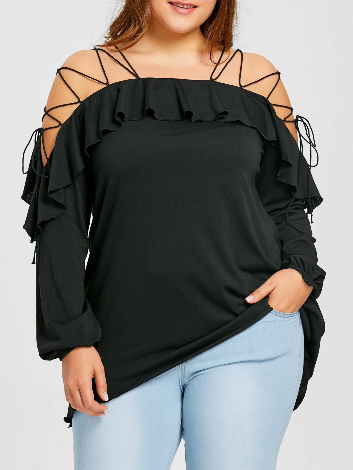 

Plus Size Ruffle Lace Up Top, Black