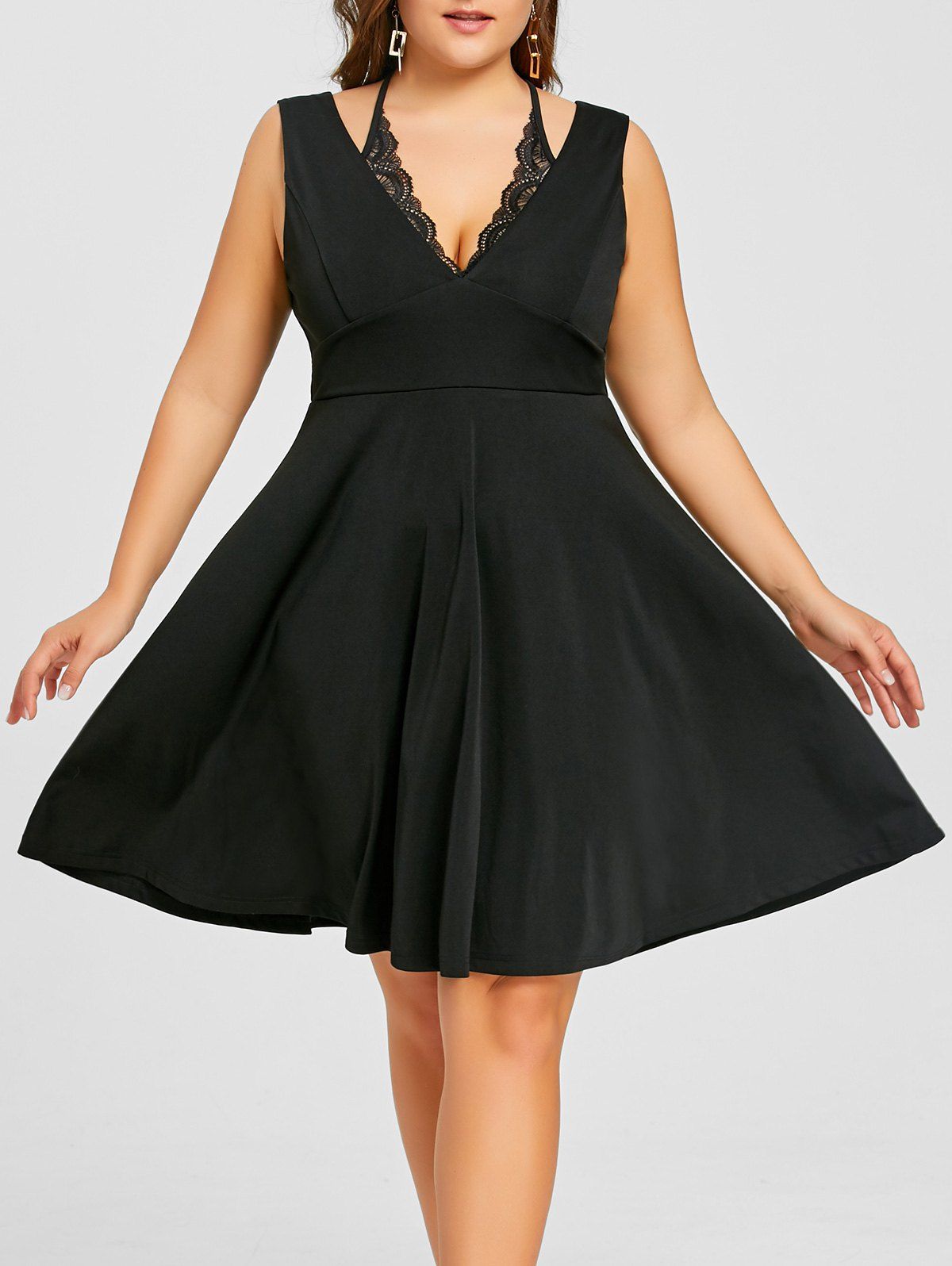 

Plus Size High Waist Plunging Neck Dress, Black