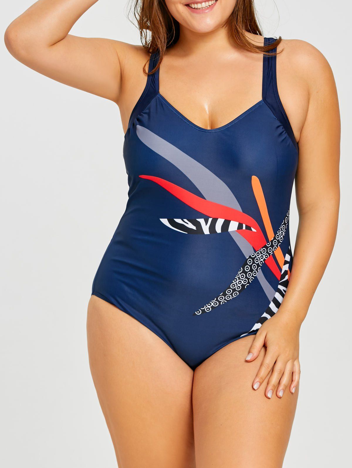 

Graphic Print Plus Size V Neck One Piece Swimwear, Purplish blue
