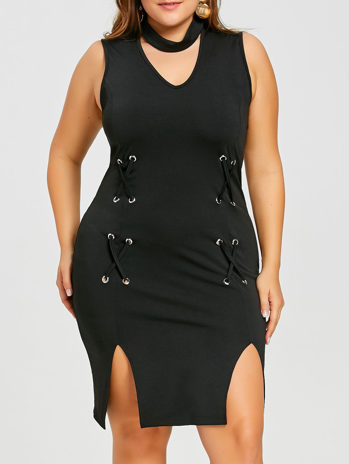 

Plus Size Lace Up Split Bodycon Dress, Black